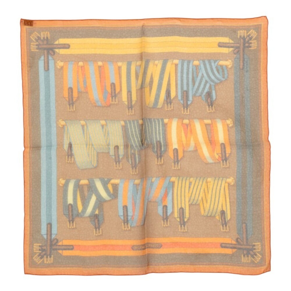 Hermes Carre 42 Les Sangles Scarf Muffler Orange Silk Women's HERMES